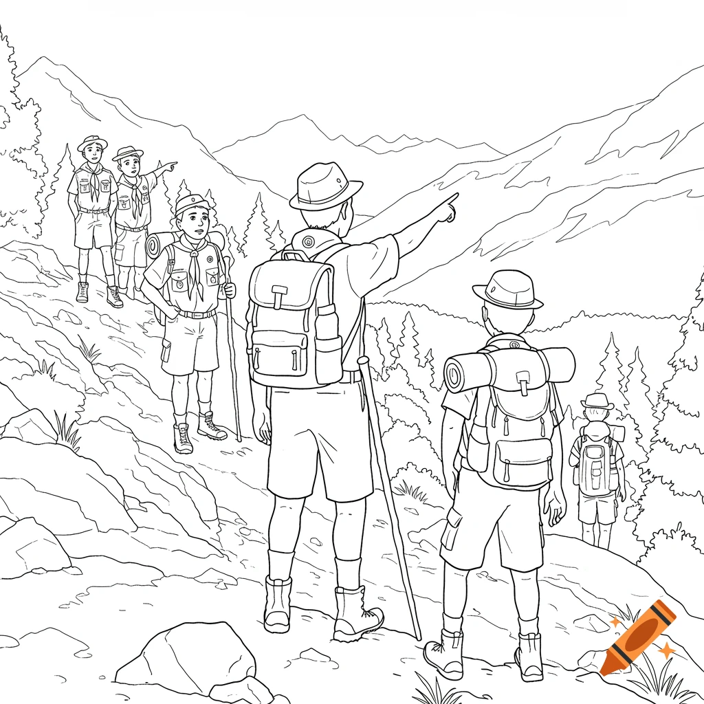 Line drawing of boy scouts hiking in the mountains, one pointing.