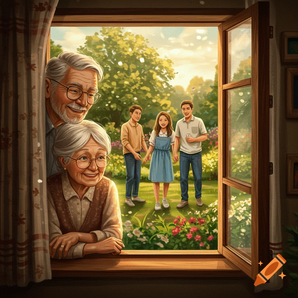 Grandparents look from a window at their smiling grandchildren in a bright garden, digital art.