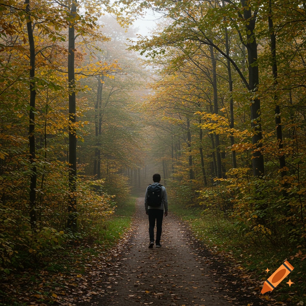 Person with backpack walks down a misty forest path covered in autumn leaves.