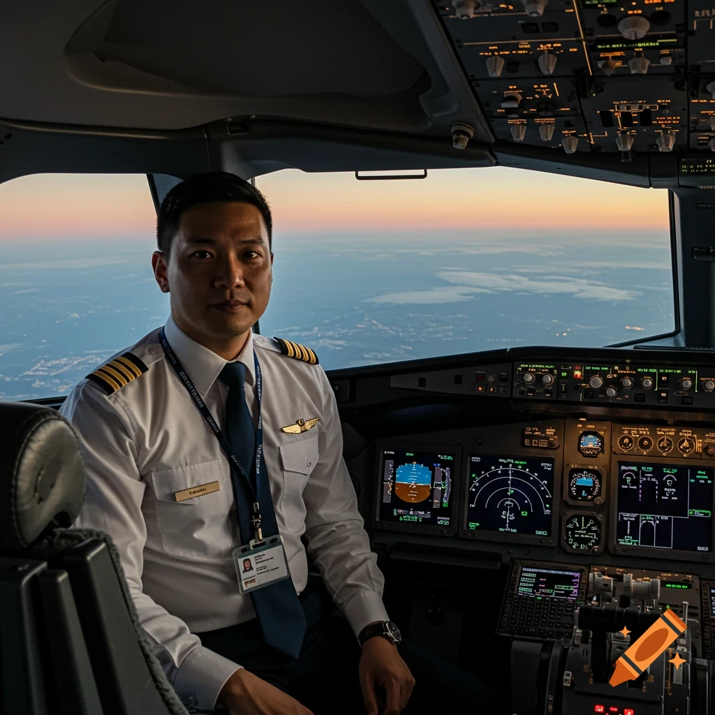 A pilot sits in the cockpit of an airplane with a sunset view