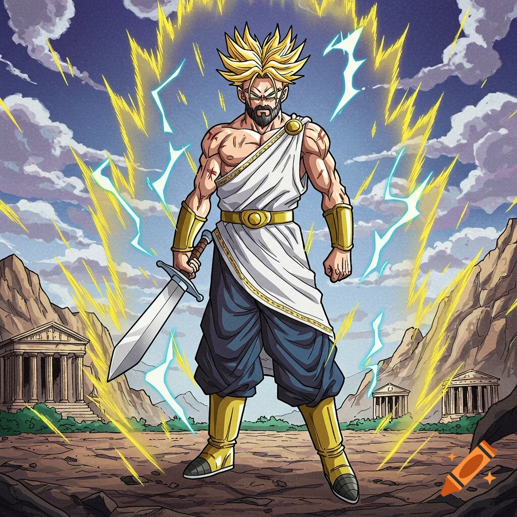 Anime character in Greek attire holding a sword surrounded by lightning in a landscape with temples.