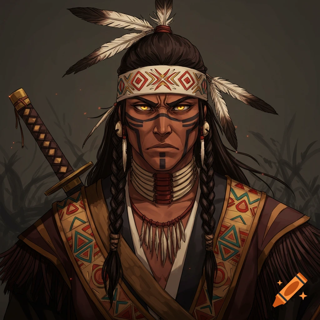 Anime-style portrait of a man with face paint, feathers, and braids, wearing a necklace and patterned clothing.