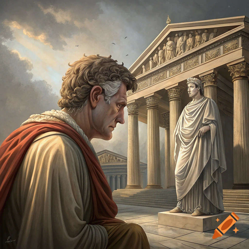 Illustration of a man looking at a statue in front of a classical temple.