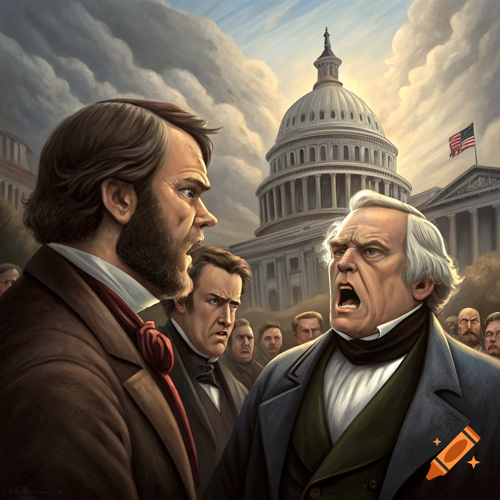 Illustration of two men arguing fiercely in front of the US Capitol building with a crowd watching.
