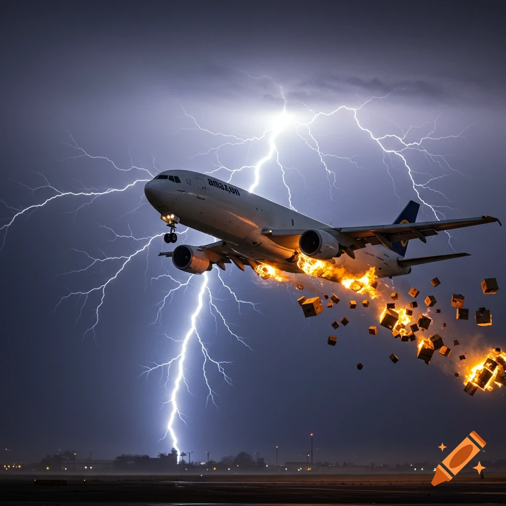 Photorealistic image of an Amazon cargo plane struck by lightning and on fire, dropping packages during a stormy night.