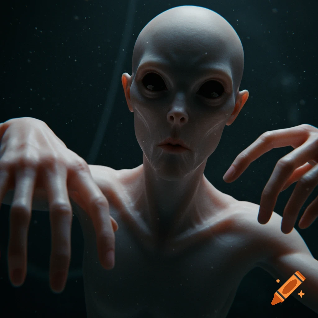 Close-up of a pale, smooth-skinned alien creature with large black eyes and elongated fingers reaching forward in a dark, cinematic horror style.