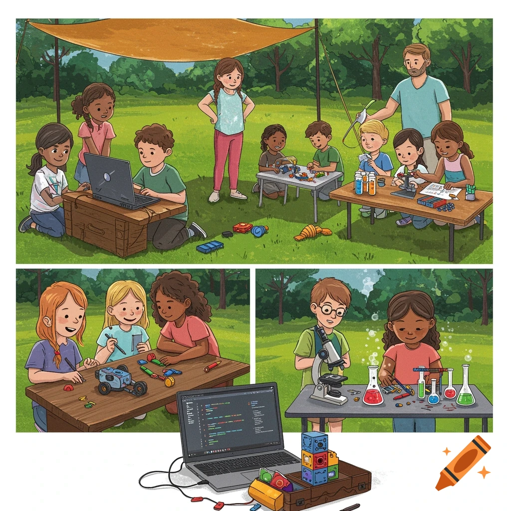 Illustration of children and a teacher doing science and tech activities at a summer camp.
