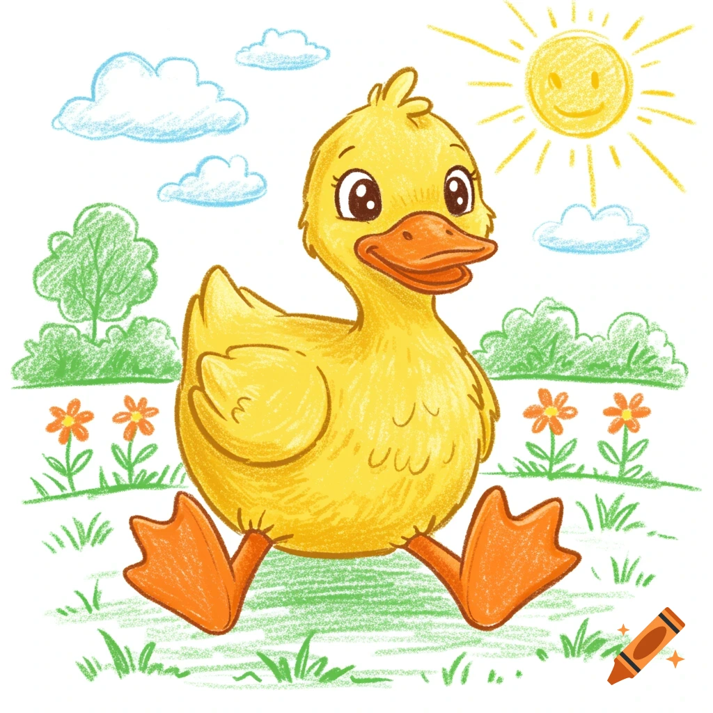 A cheerful yellow duck sits in a grassy field with flowers and a sun, in a crayon-style children's drawing.