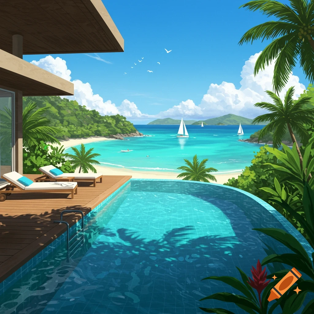 Tropical beach scene with a pool, palm trees, ocean, and sailboats.
