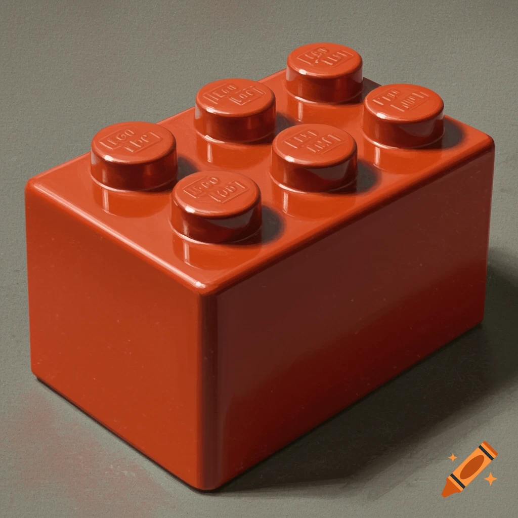 A single red LEGO brick sits on a grey surface, rendered in a detailed, realistic style.