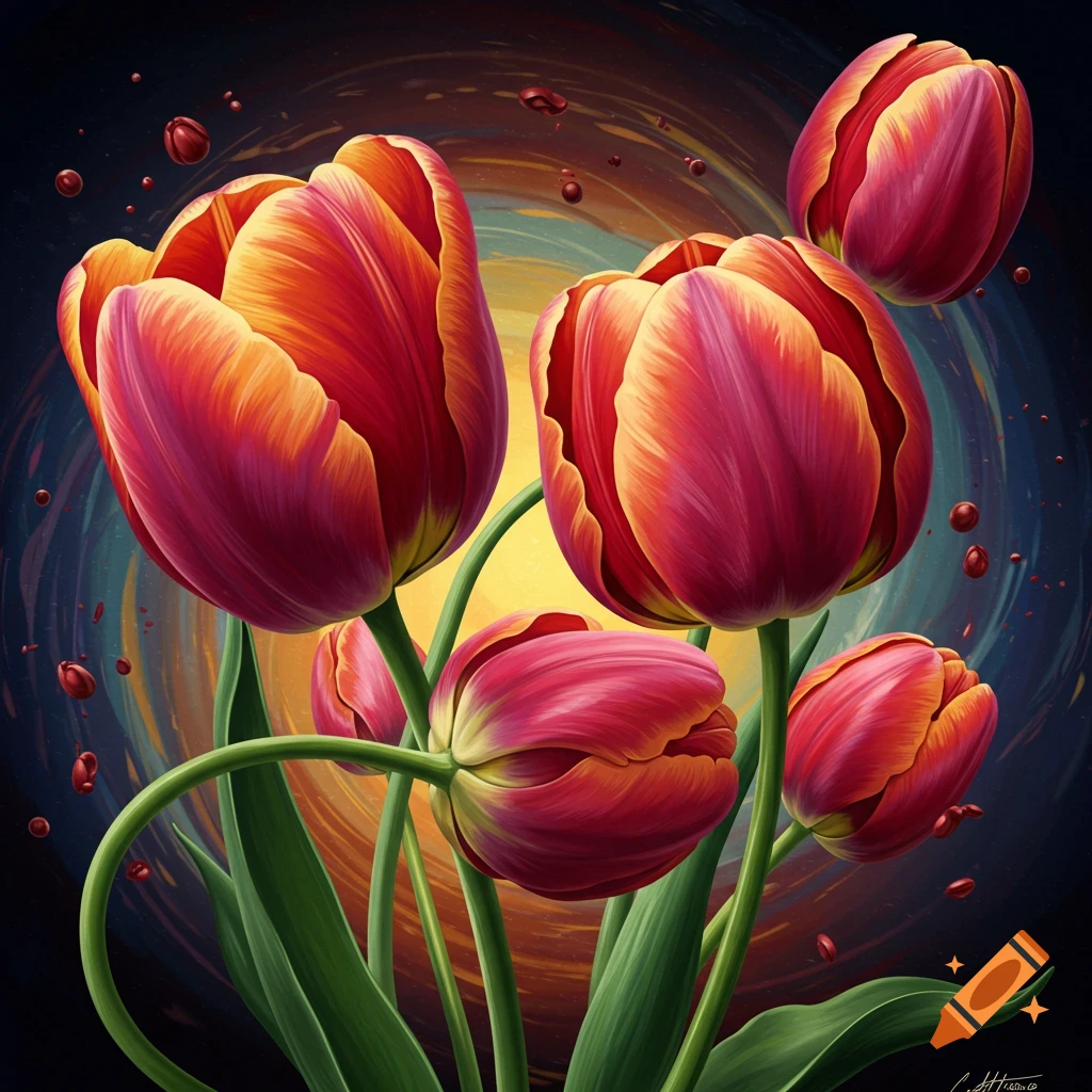 Surreal red and orange tulips with an abstract swirling background.