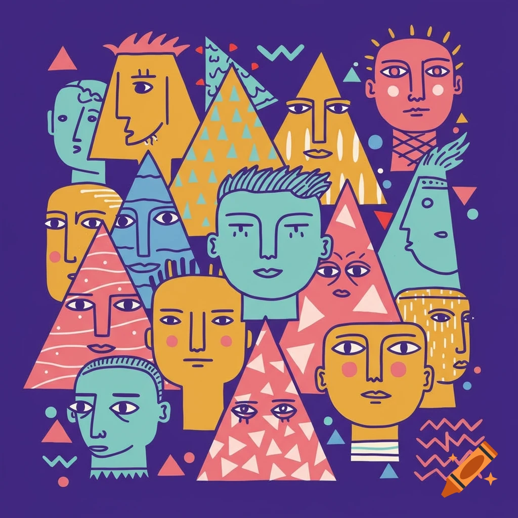 Stylized illustration of many abstract faces and triangle shapes in bright colors on a purple background.