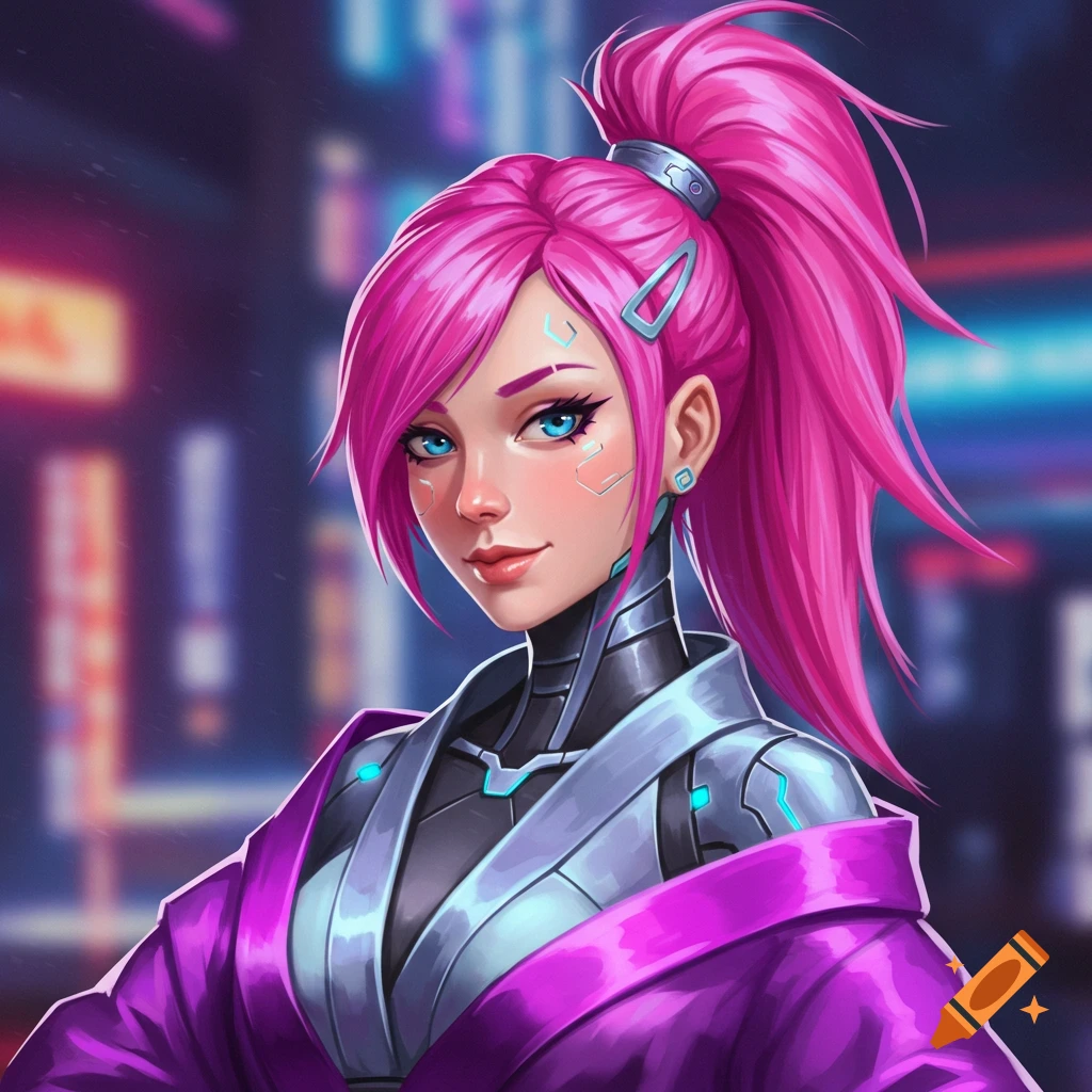 A woman with pink hair is depicted wearing cyberpunk attire.