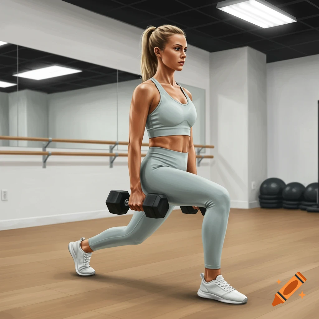 Woman doing lunges with dumbbells in a gym