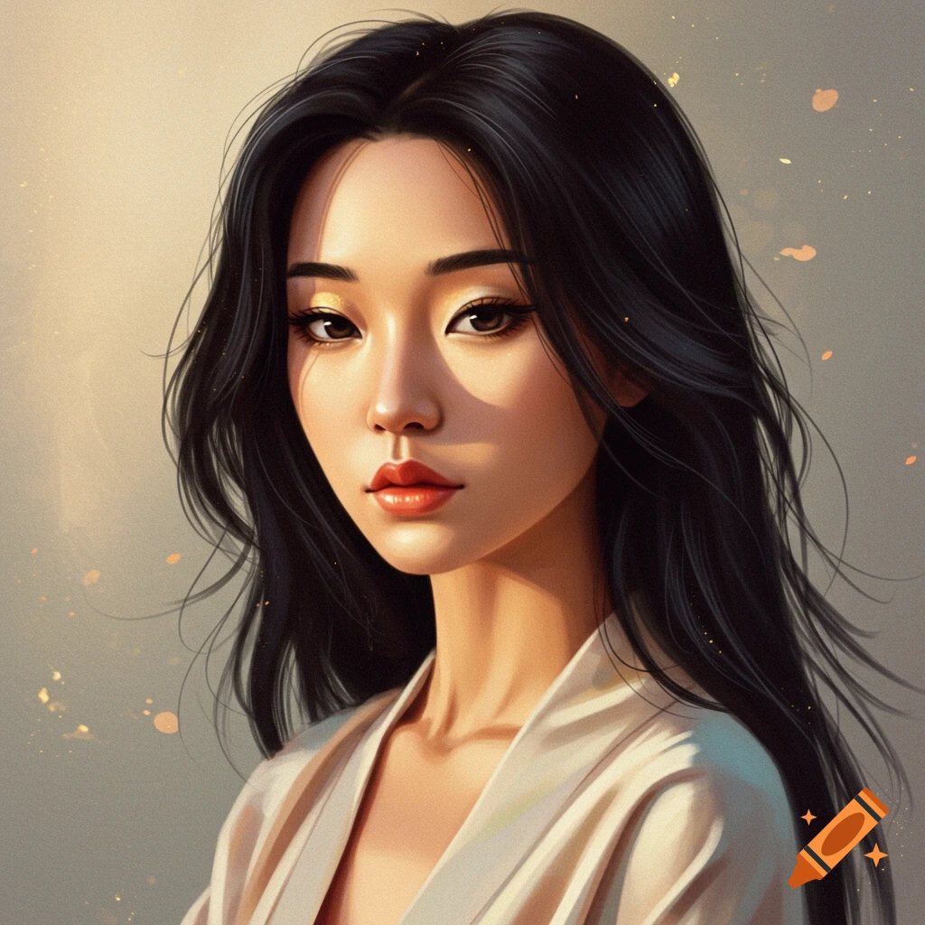 A woman with long black hair in a light robe.
