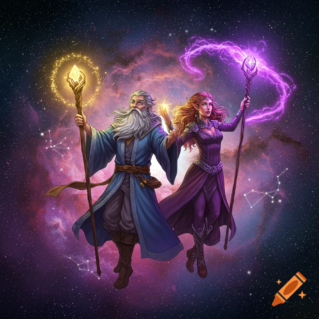 A male wizard and a female spellcaster creating magic in space.