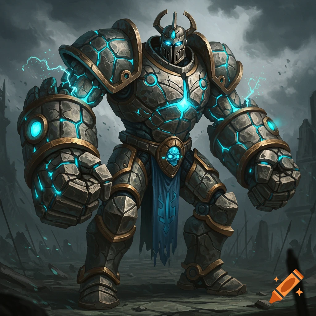 A large stone robot paladin with glowing blue energy stands in a ruined battlefield.