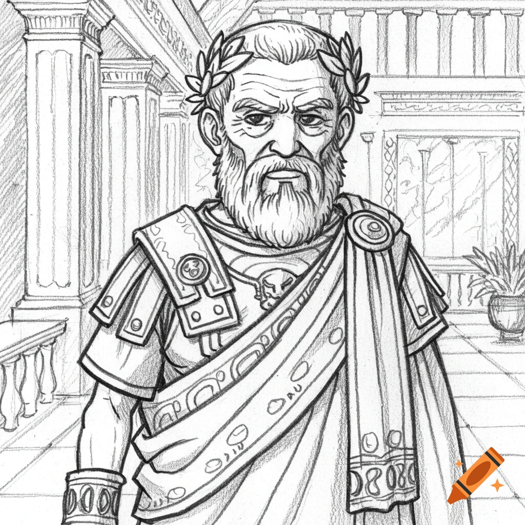 Pencil sketch of an elderly Roman Emperor in armor and toga standing in a portico.