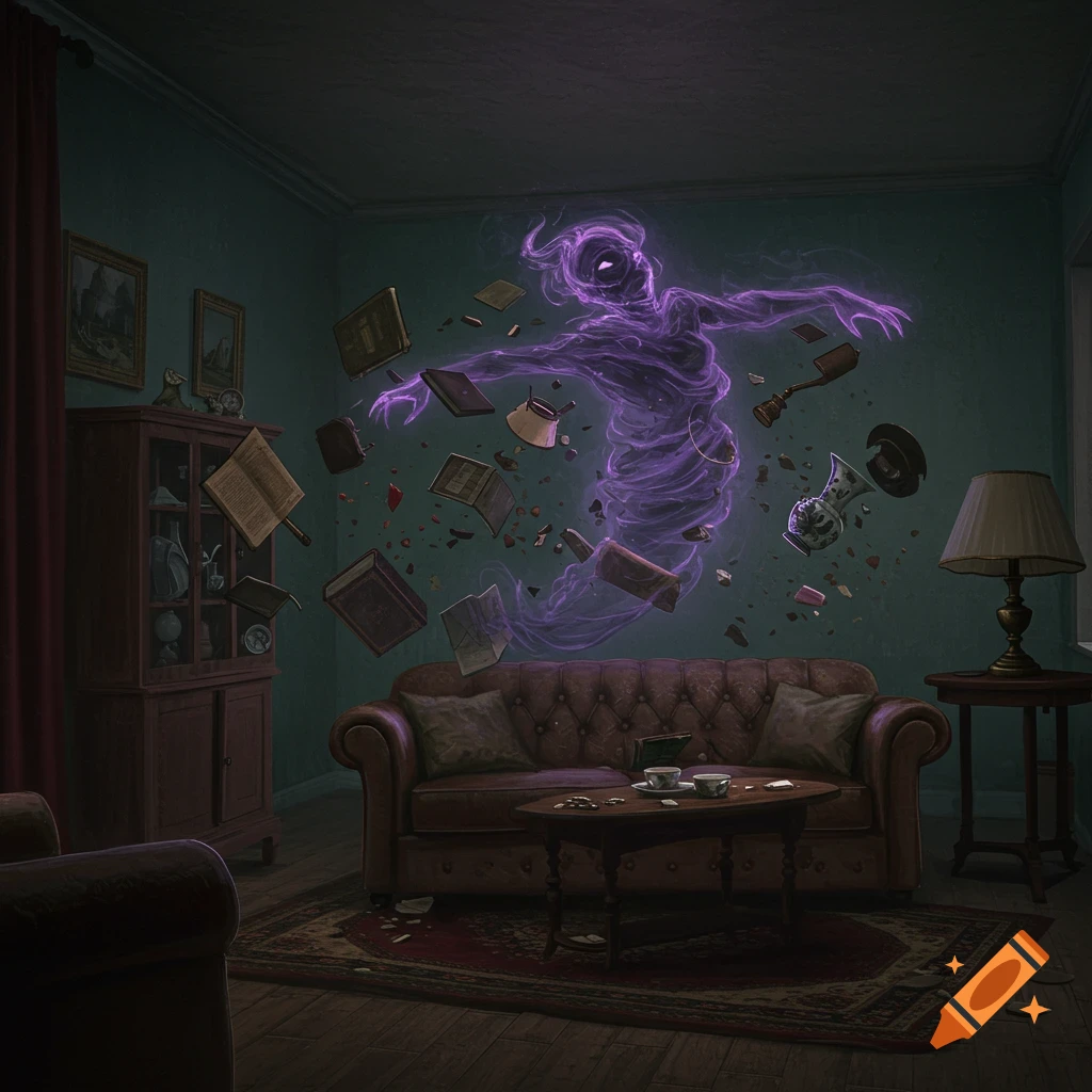 A purple poltergeist floats in a vintage room, throwing books and objects around.