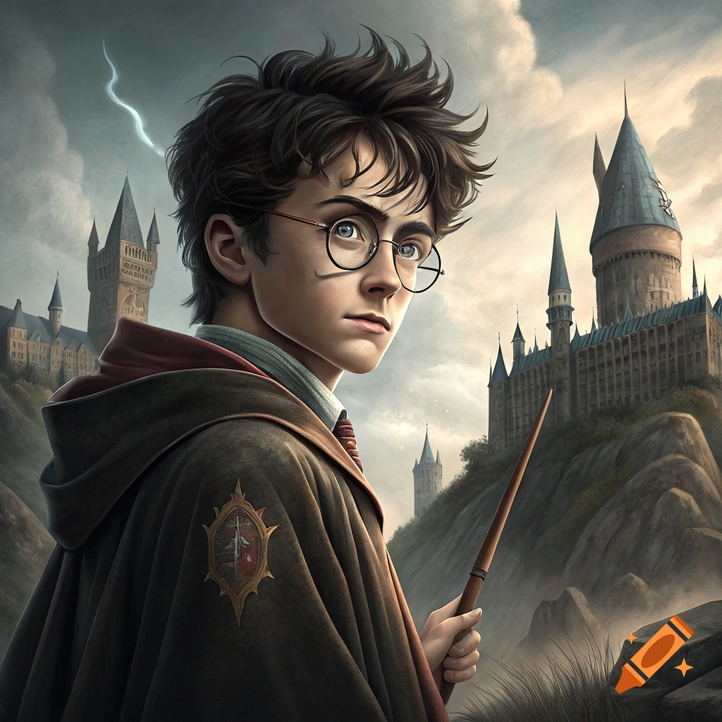 Realistic portrait of young Harry Potter holding a wand in front of Hogwarts castle under a cloudy sky