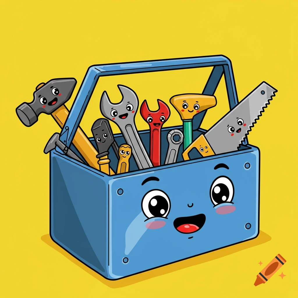 A cartoon blue toolbox filled with various tools, each with a cute face, against a yellow background.
