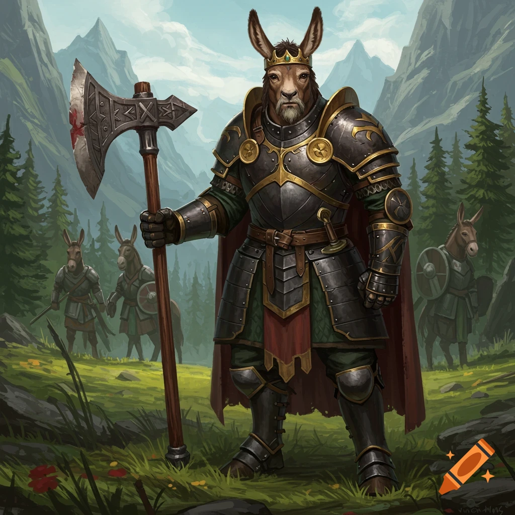 A donkey king in full medieval armor holding an axe, standing in a mountain landscape with other armored donkeys.