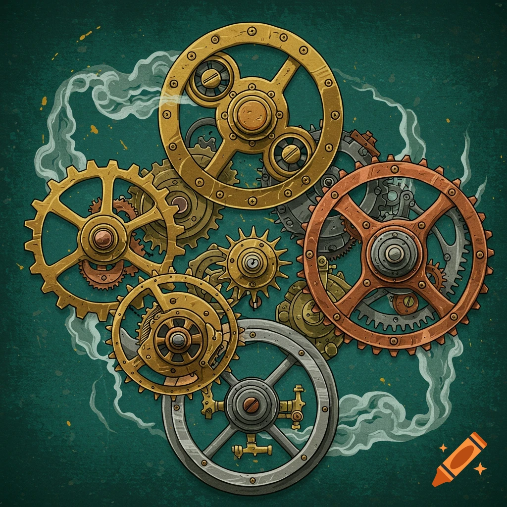 Steampunk illustration of intricate gears and steam on a dark background.