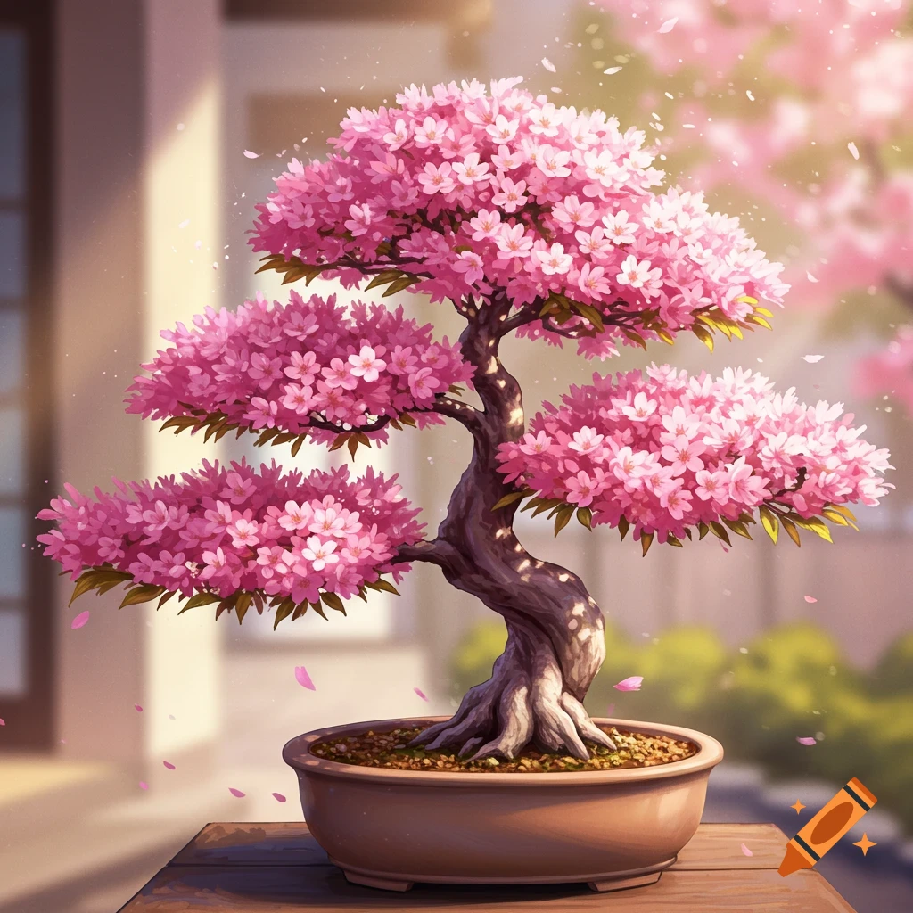 A pink cherry blossom bonsai tree sits in a pot on a wooden surface.