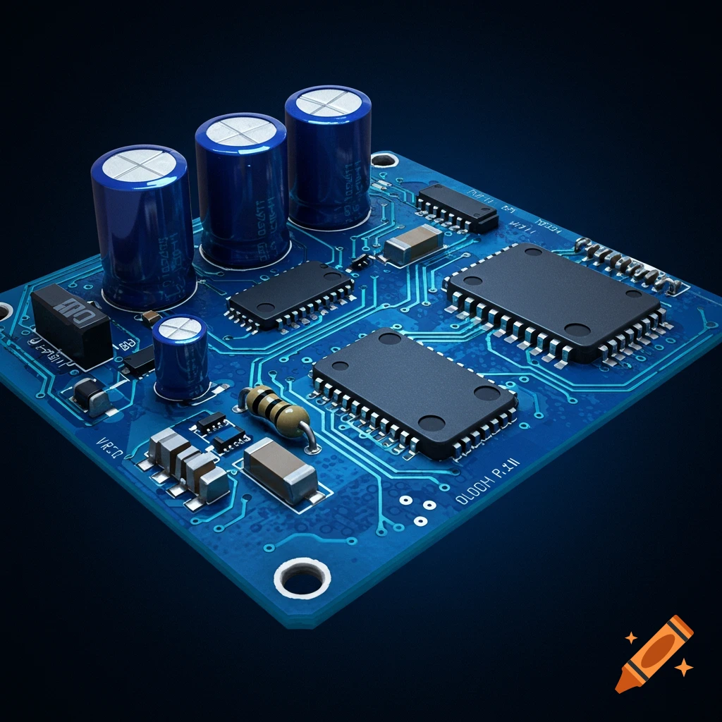 A blue circuit board with various electronic components like capacitors and chips, seen from an angle, with a futuristic feel.