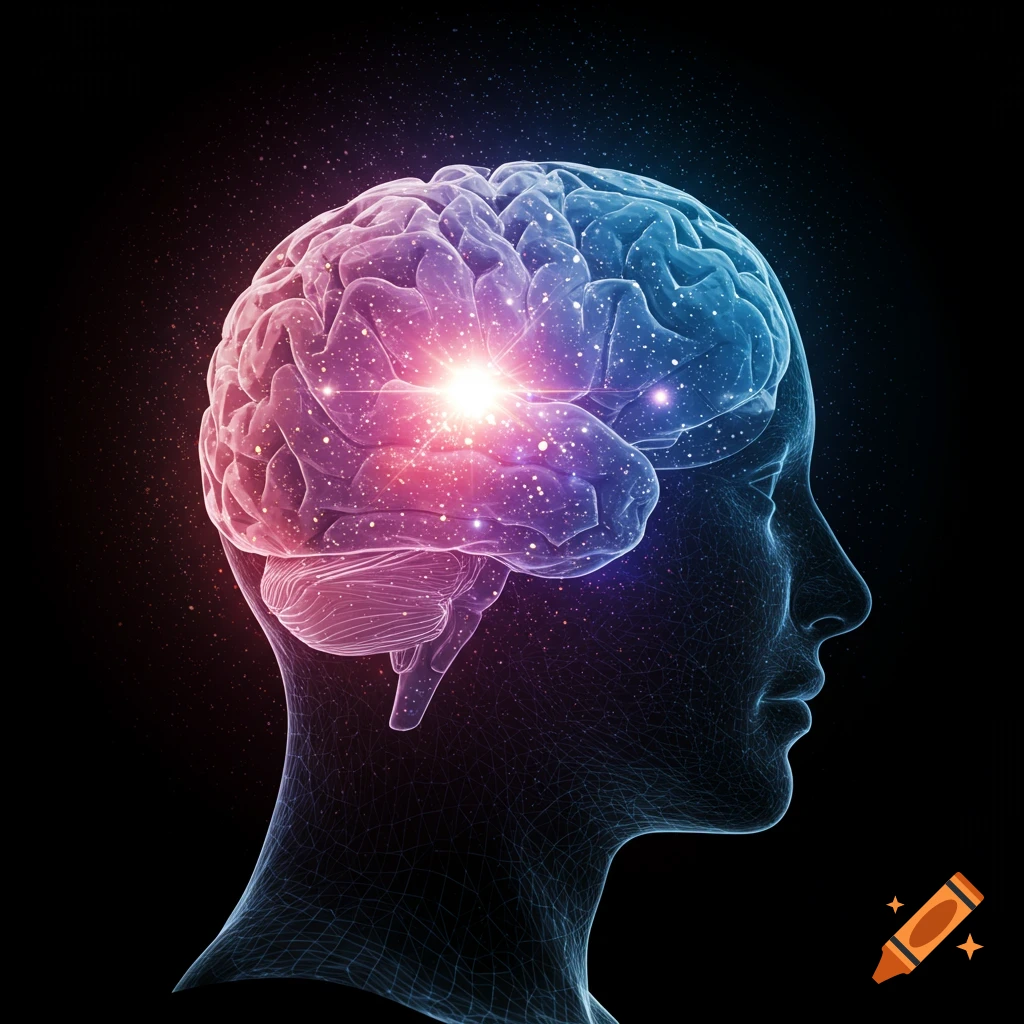 A futuristic, cosmic illustration of a glowing brain inside the wireframe profile of a human head, against a starry background.
