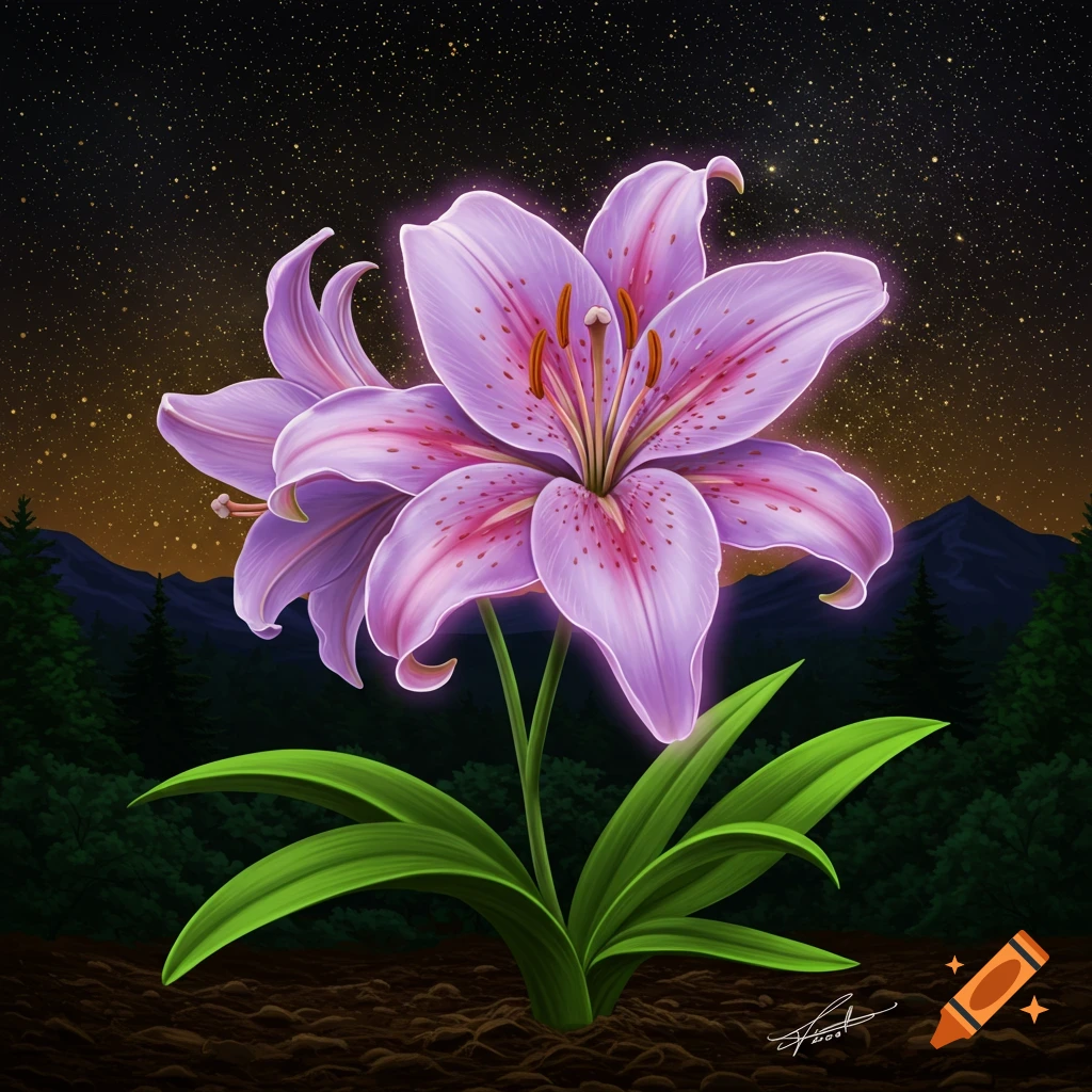 A glowing purple lily flower with pink spots blooms under a starry night sky with mountains and trees.