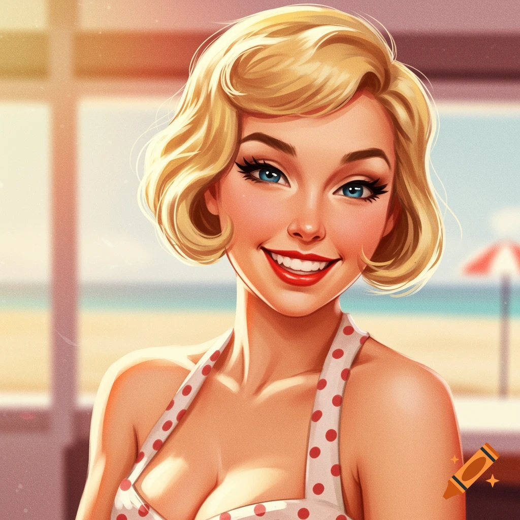 Vintage style illustration of a smiling blonde woman in a polka dot top on a sunny beach.