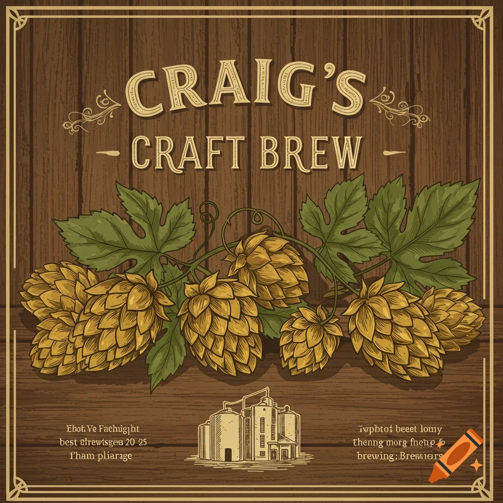 Vintage style illustration of a beer label with hops and text 'CRAIG'S CRAFT BREW' on a wooden background.