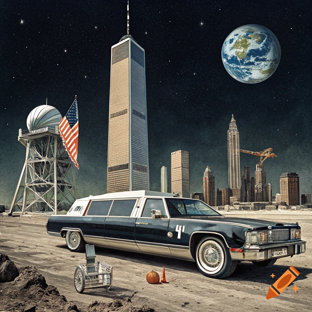A hearse, skyscrapers, a satellite structure, and an American flag stand on a barren, moon-like surface under a starry sky and the Earth, in a surreal collage style.