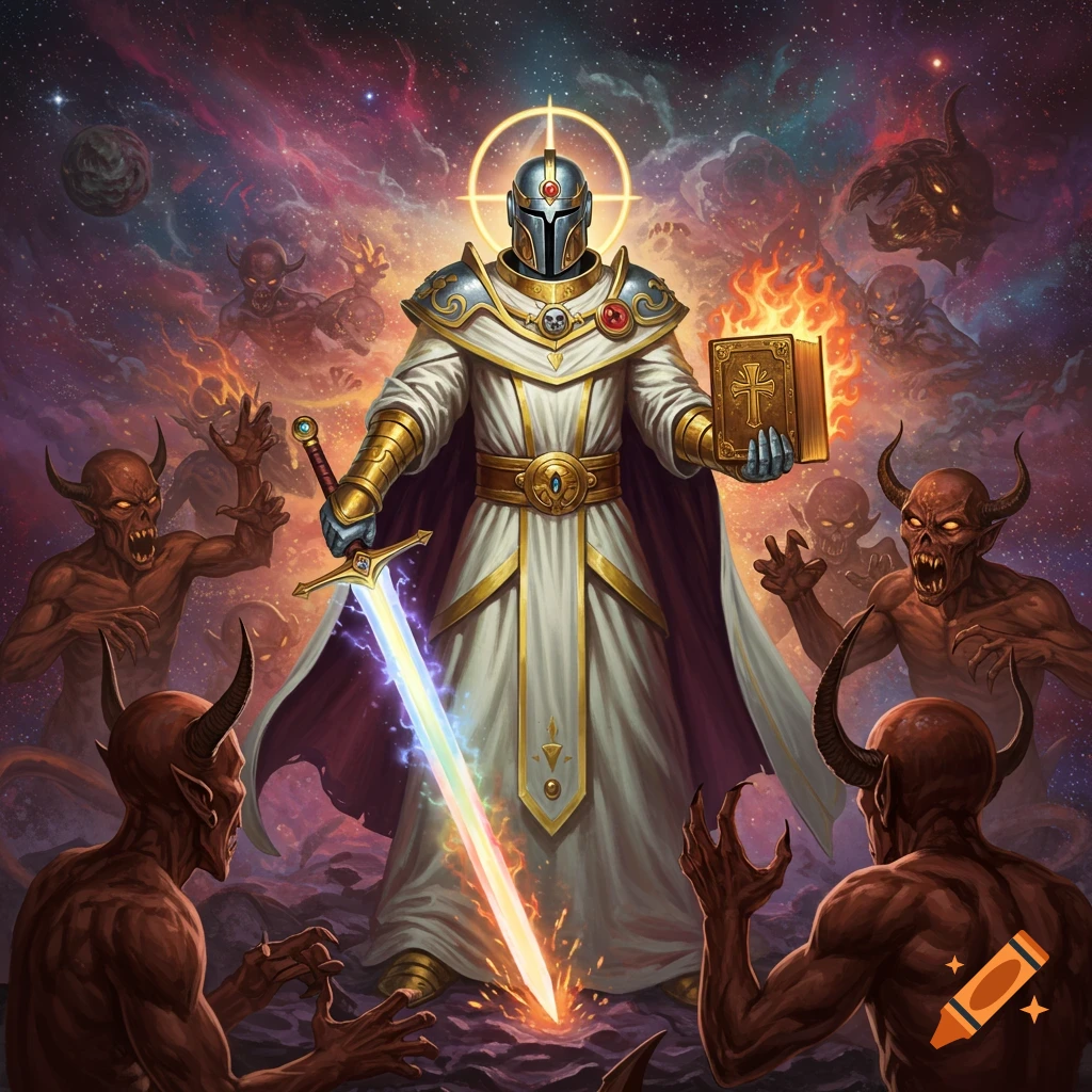 A space knight in white robes fighting demons with a glowing sword and book in space.