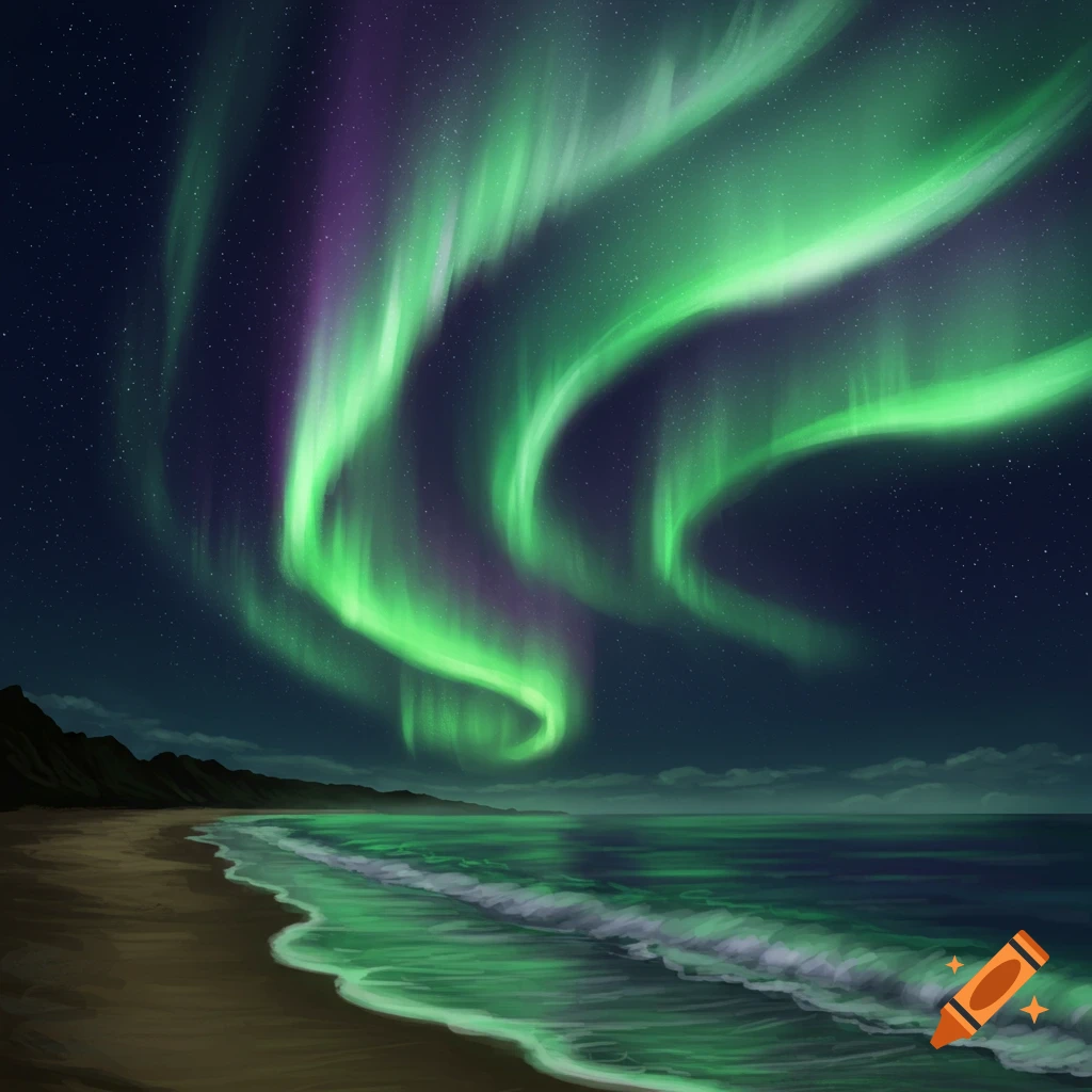 Green and purple aurora lights over a dark beach and ocean.