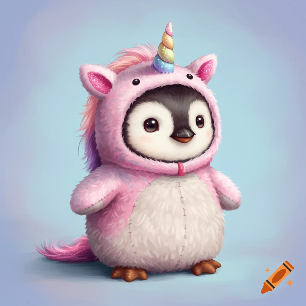 A cute baby penguin wears a pink unicorn costume.