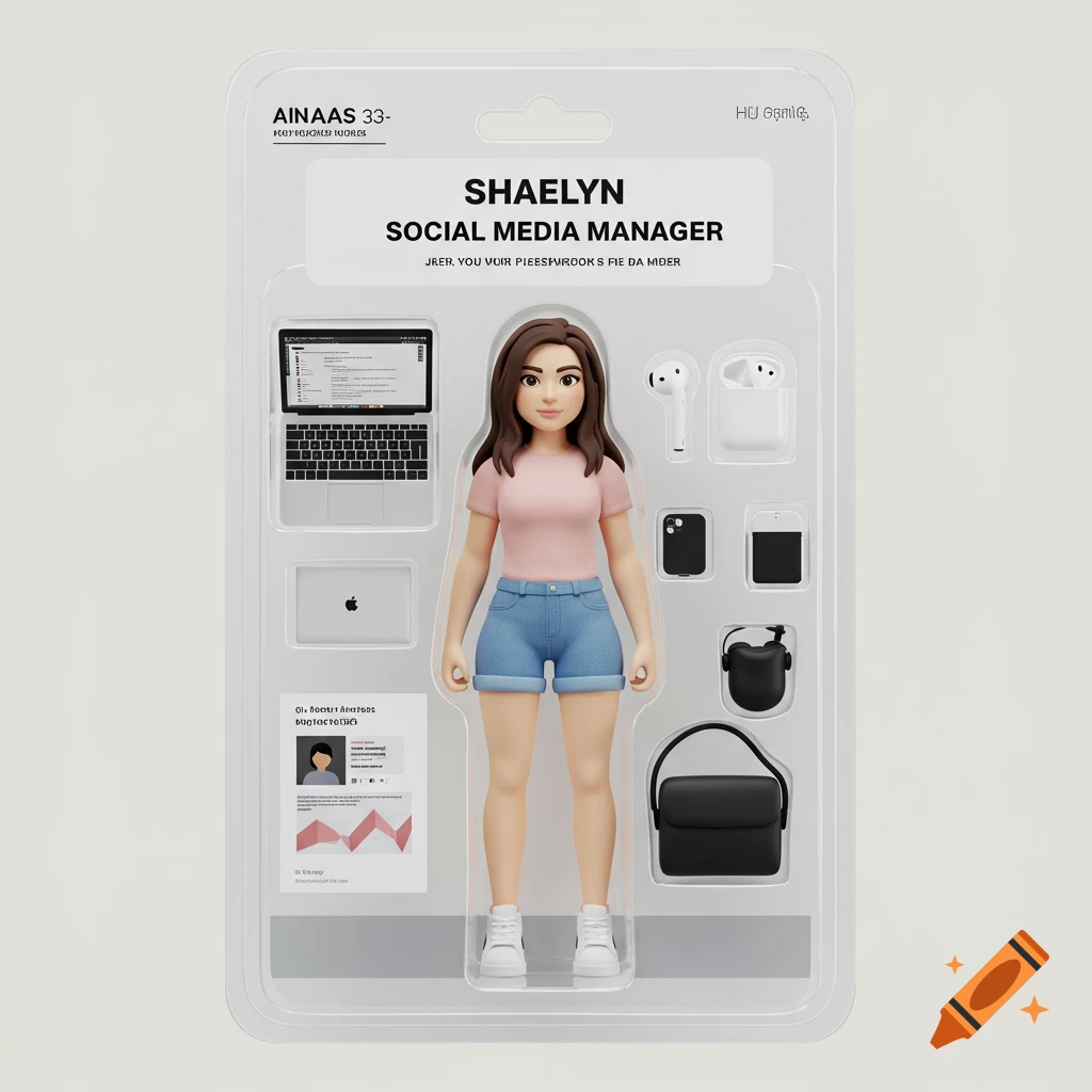 3D action figure of a female social media manager in blister packaging with laptop and accessories