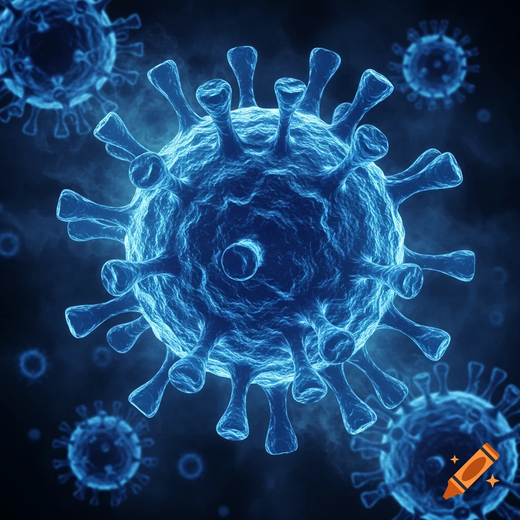 A digital rendering of multiple blue virus particles against a dark background.