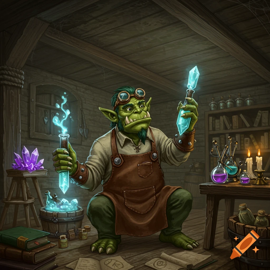 A green-skinned orc is in a workshop examining glowing crystals and bubbling potions.