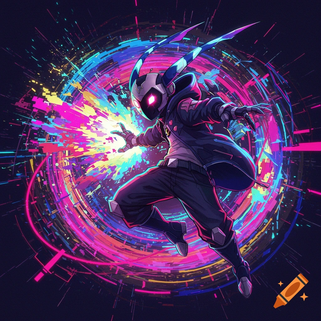 A stylized character with glowing eyes and horns against a vibrant abstract background.