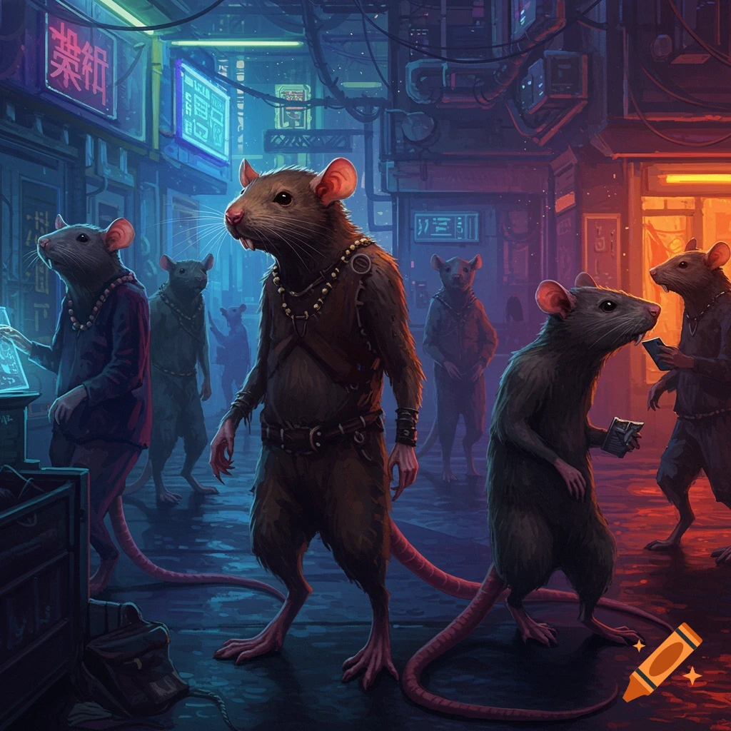 Anthropomorphic rats walk through a neon-lit cyberpunk city.