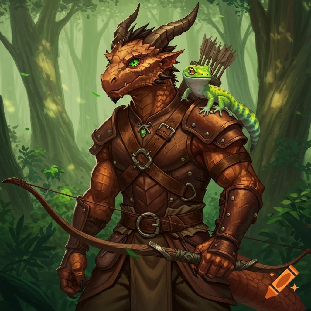 A dragonborn ranger with a gecko on their shoulder in a forest.