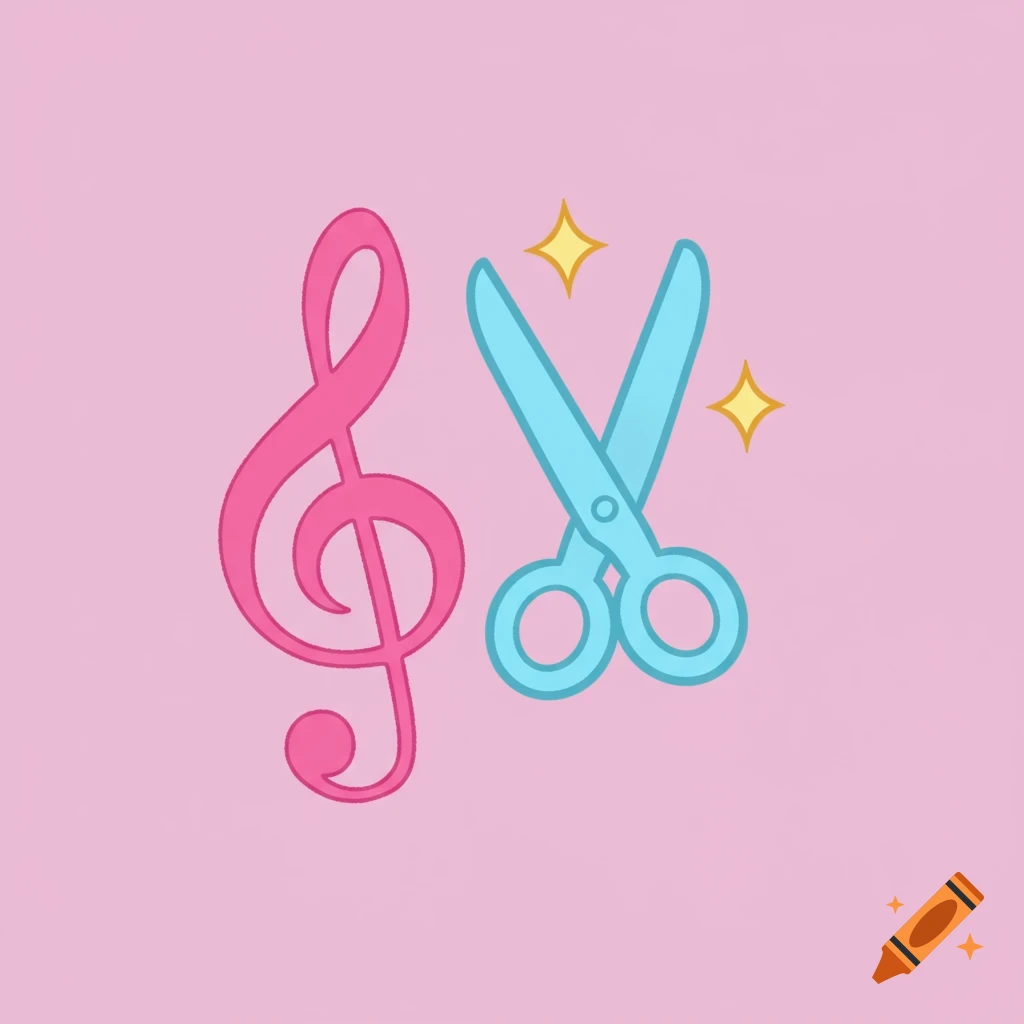 A pink treble clef and blue scissors with sparkles on a pink background.
