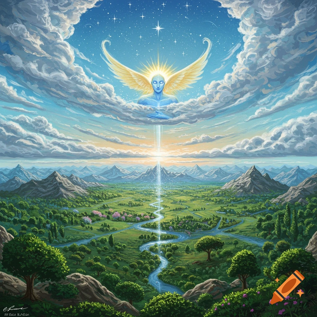 A celestial being with wings above a lush valley with mountains and a winding river.