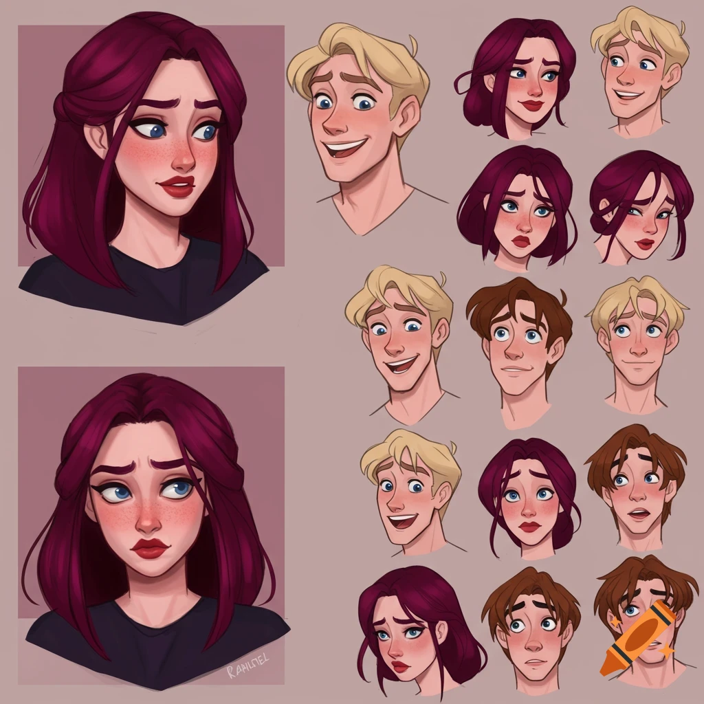 Character design sheet with multiple sketches of a young woman and two young men showing different facial expressions in a cartoon style.