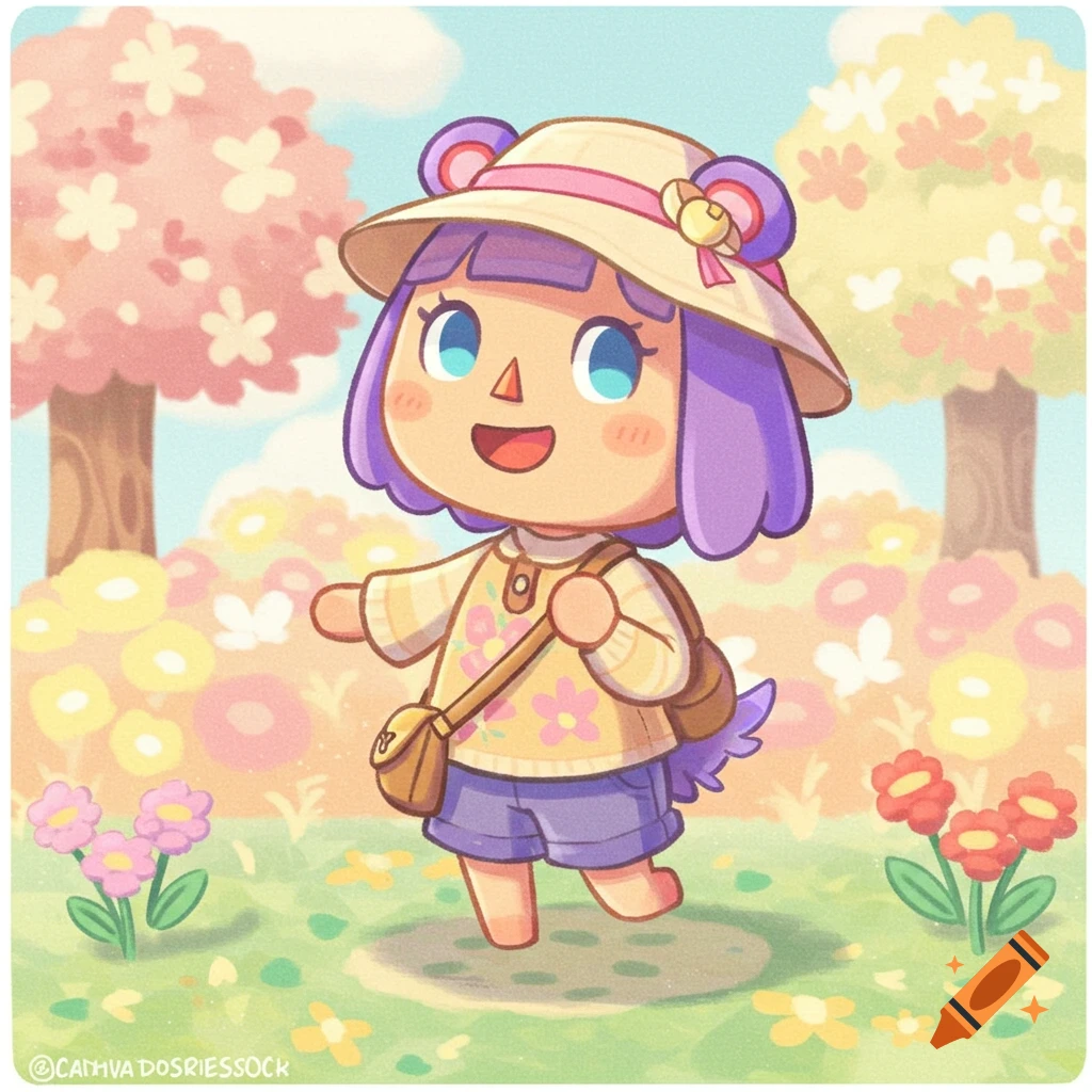 Animal Crossing character wearing a hat and sweater walks through a colorful flower field.