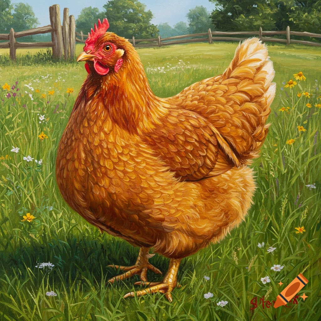A painting of a brown chicken standing in a grassy field.