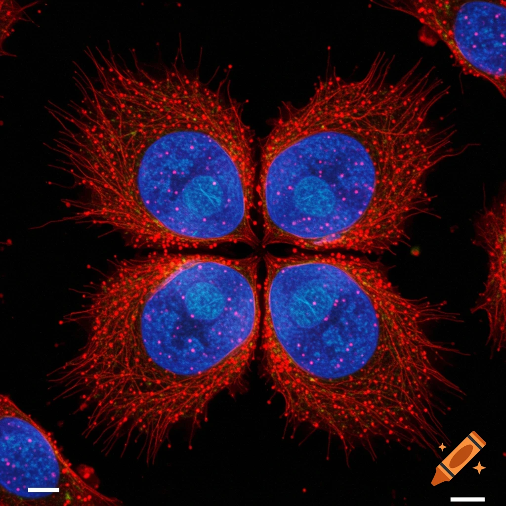 Fluorescent microscope image of cells with blue nuclei and red structures on a black background.
