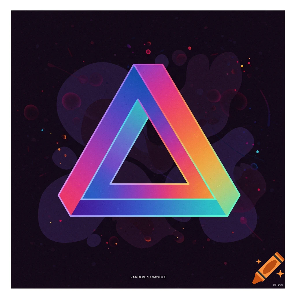 A brightly colored paradox triangle on a dark, abstract background with glowing particles and blobs.